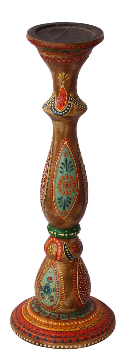 Bulk Wholesale Handmade 16” Wood Pillar-Shaped Sleek Candle Stand with Iron Groove in Natural-Wood Color Decorated with Colorful Cone-Painting Art in Traditional-Look Motifs – Antique-Look Home Décor from India