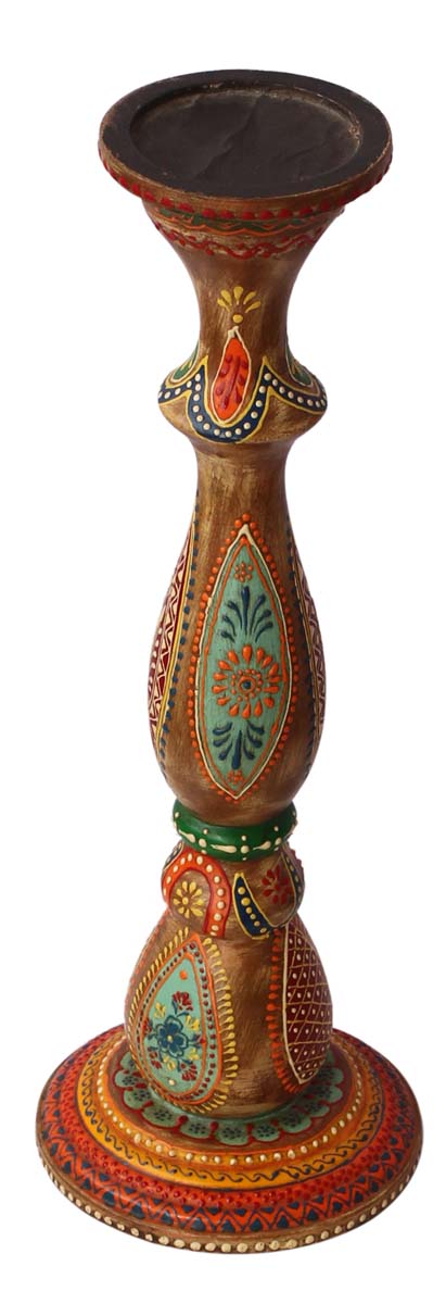 Bulk Wholesale Handmade 16” Wood Pillar-Shaped Sleek Candle Stand with Iron Groove in Natural-Wood Color Decorated with Colorful Cone-Painting Art in Traditional-Look Motifs – Antique-Look Home Décor from India