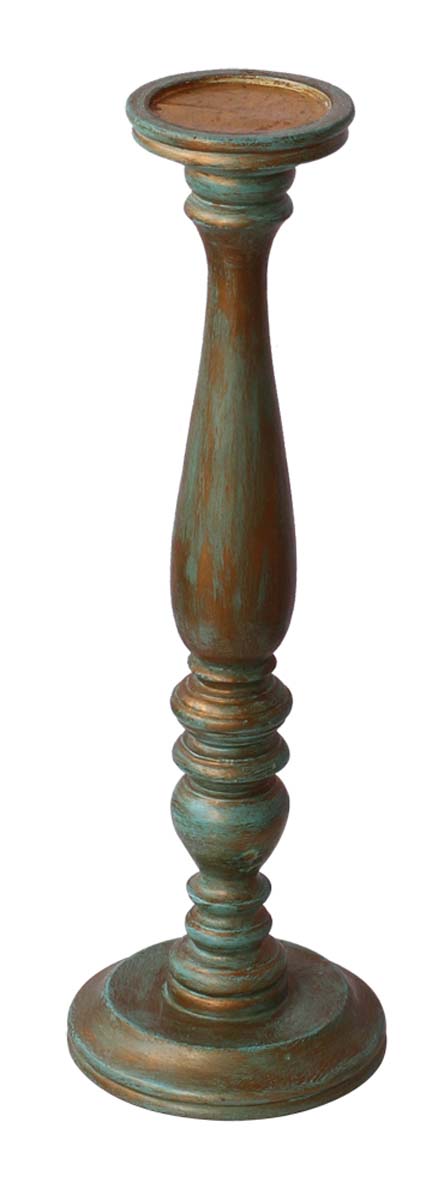 Bulk Wholesale Handmade 17” Wood Distressed-Look Pillar-Shaped Sleek Candle Stand Painted in Brown & Pastel-Green Color  – Antique-Look Home Décor from India