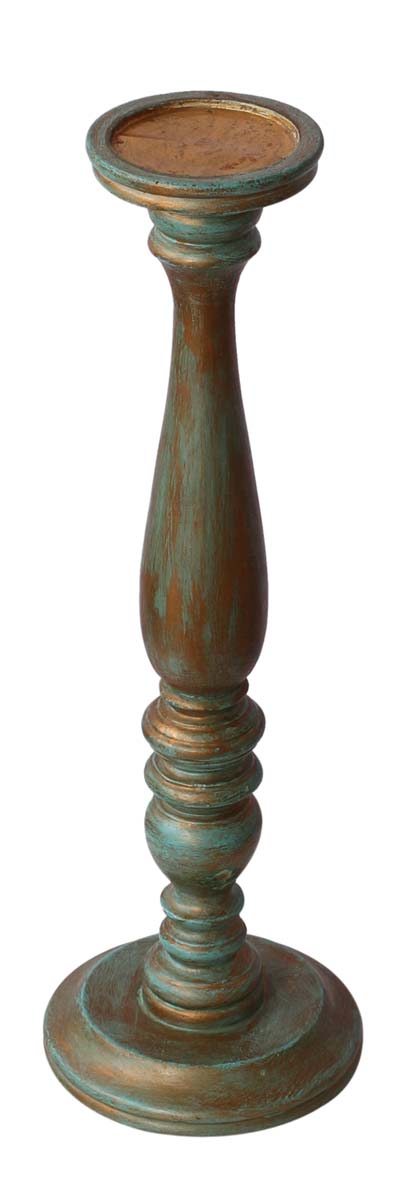 Bulk Wholesale Handmade 17” Wood Distressed-Look Pillar-Shaped Sleek Candle Stand Painted in Brown & Pastel-Green Color  – Antique-Look Home Décor from India