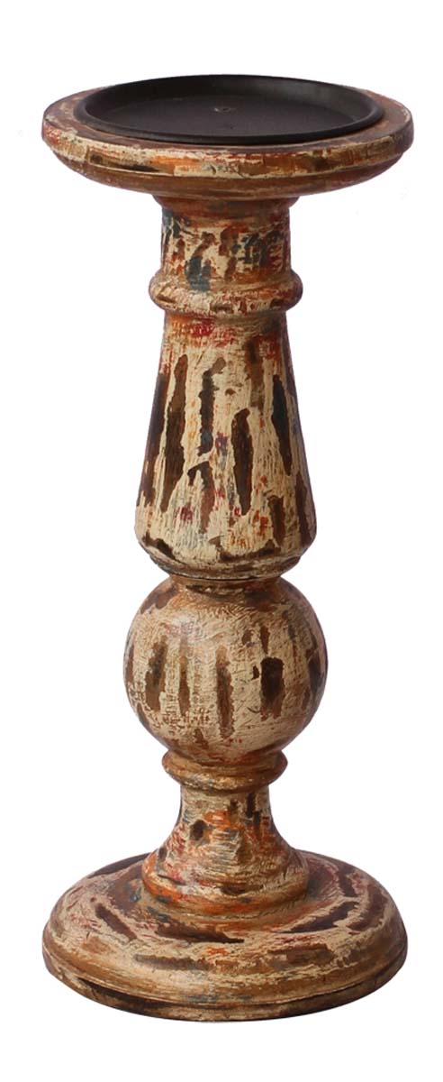 Bulk Wholesale Handmade 10” Wood Distressed-Look Pillar-Shaped Sleek Candle Stand Painted in Brown Color  with Black Patches – Antique-Look Home Décor from India