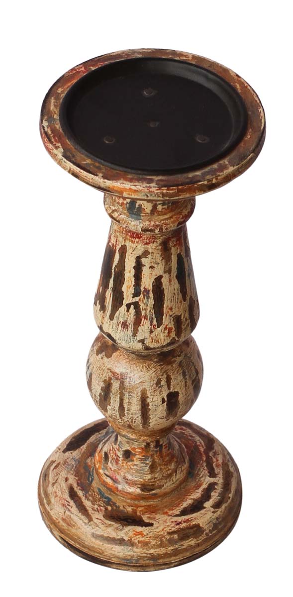 Bulk Wholesale Handmade 10” Wood Distressed-Look Pillar-Shaped Sleek Candle Stand Painted in Brown Color  with Black Patches – Antique-Look Home Décor from India