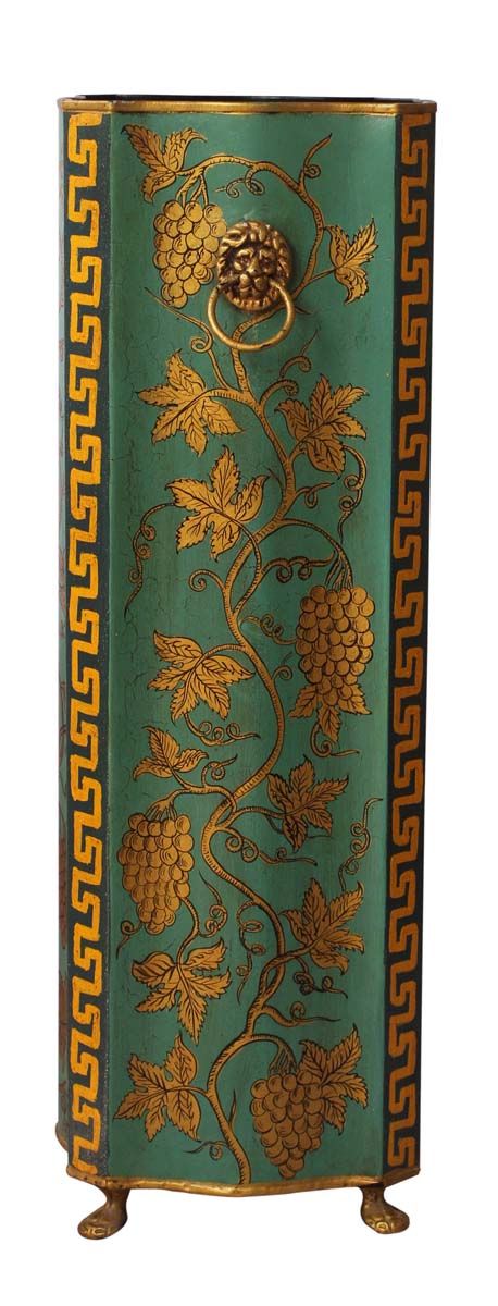 Bulk Wholesale Handmade 24” Iron Umbrella Stand in Turquoise Green & Golden Color Decorated with Lion Face Shaped Handle & Cone-Painting Art in Traditional-Look Motifs – Antique-Look Home Essentials from India