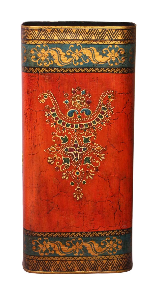 Bulk Wholesale Handmade 13” Iron Umbrella Stand in Orange, Blue & Golden Color Decorated with Cone-Painting Art in Traditional-Look Motifs – Antique-Look Home Essentials from India