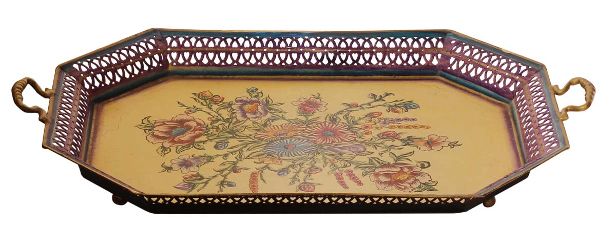 Bulk Wholesale Handmade 23” Decorative Octagonal-Shaped Lemon Colored Tray in Iron Decorated with Old-World Style Painting of Flowers in Red, Blue & More Bright Colors – Ethnic-Look Home Décor from India