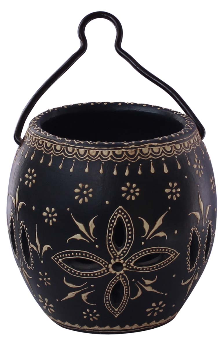 Bulk Wholesale Handmade 10” Black Hanging Tea-Light / Candle Holder in Terracotta with Iron Hanger – Art-Piece Decorated with Flower-Shaped Cutouts & Old-World Cone-Painting Art in Off-White Color – Antique-Look Home Décor from India