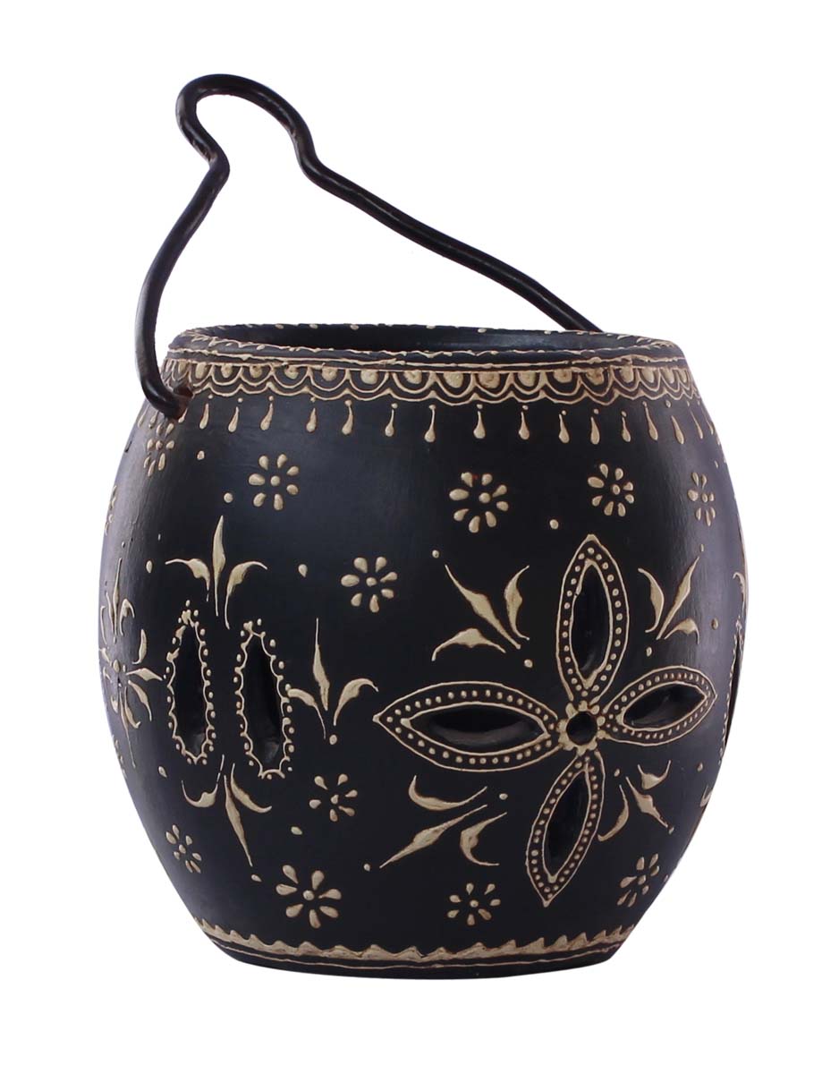 Bulk Wholesale Handmade 10” Black Hanging Tea-Light / Candle Holder in Terracotta with Iron Hanger – Art-Piece Decorated with Flower-Shaped Cutouts & Old-World Cone-Painting Art in Off-White Color – Antique-Look Home Décor from India