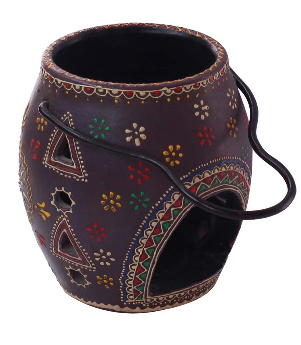Bulk Wholesale Handmade 11” Purple Hanging Tea-Light / Candle Holder in Terracotta with Iron Hanger – Art-Piece Decorated with Flower-Shaped Cutouts & Old-World Cone-Painting Art in Bright Colors – Antique-Look Home Décor from India