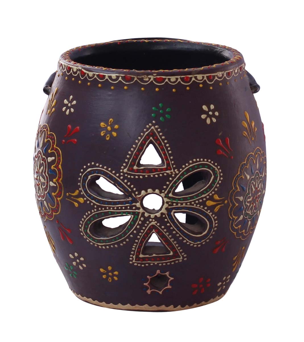 Bulk Wholesale Handmade 11” Purple Hanging Tea-Light / Candle Holder in Terracotta with Iron Hanger – Art-Piece Decorated with Flower-Shaped Cutouts & Old-World Cone-Painting Art in Bright Colors – Antique-Look Home Décor from India