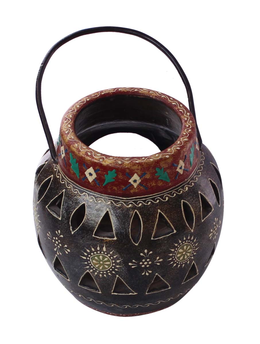 Bulk Wholesale Handmade 12” Black & Red Hanging Tea-Light / Candle Holder in Terracotta with Iron Hanger – Art-Piece Decorated with Flower-Shaped Cutouts & Old-World Cone-Painting Art in Bright Colors – Antique-Look Home Décor from India