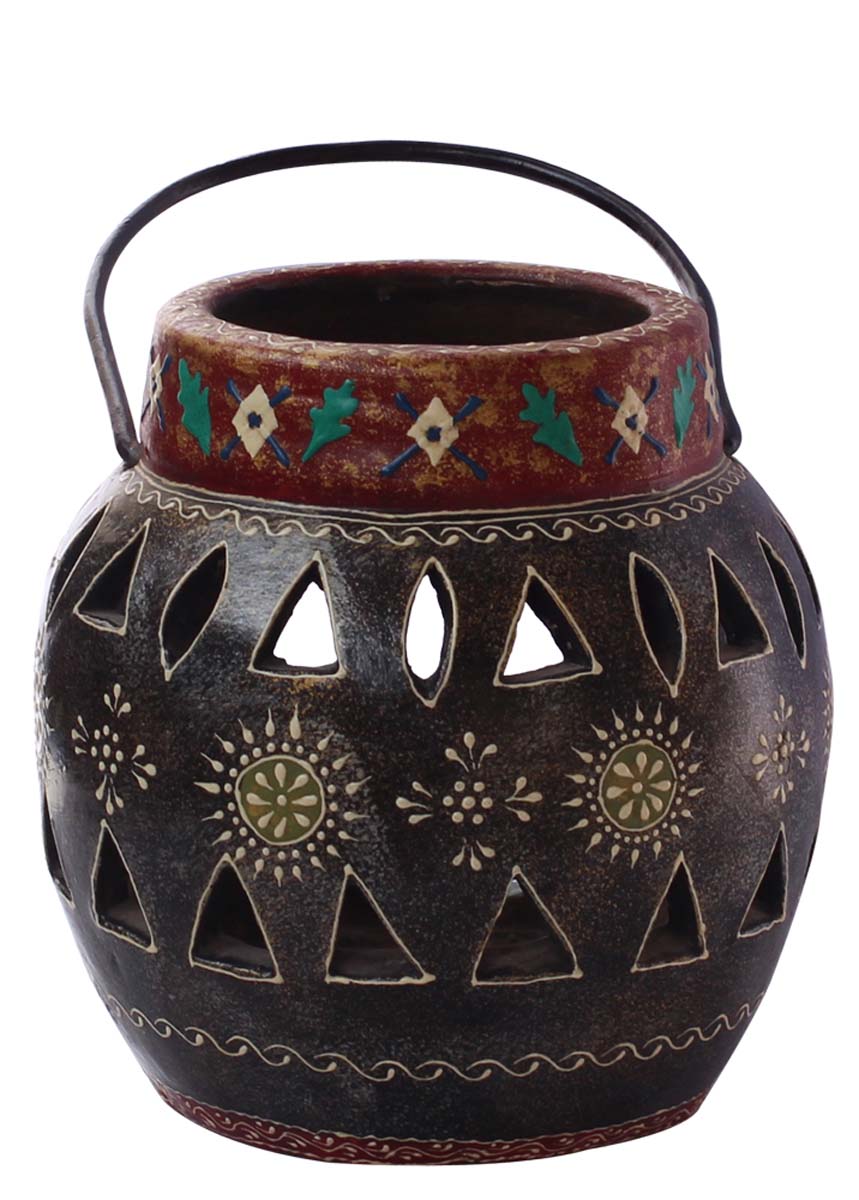Bulk Wholesale Handmade 12” Black & Red Hanging Tea-Light / Candle Holder in Terracotta with Iron Hanger – Art-Piece Decorated with Flower-Shaped Cutouts & Old-World Cone-Painting Art in Bright Colors – Antique-Look Home Décor from India