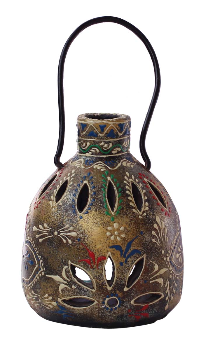 Bulk Wholesale Handmade 10” Black & Golden Hanging Tea-Light / Candle Holder in Terracotta with Iron Hanger – Art-Piece Decorated with Flower-Shaped Cutouts & Old-World Cone-Painting Art in Bright Colors – Antique-Look Home Décor from India