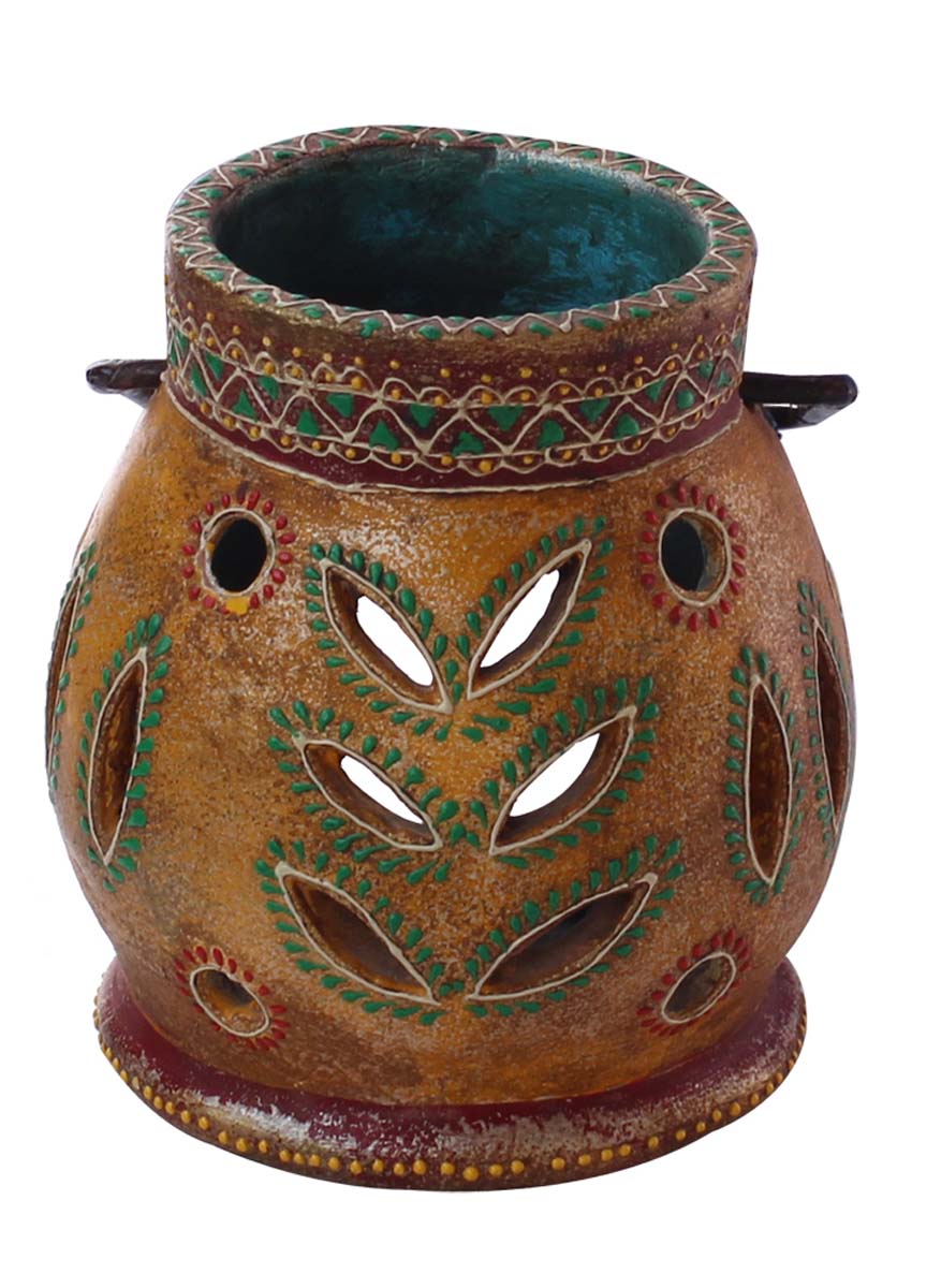 Bulk Wholesale Handmade 10” Yellow Hanging Tea-Light / Candle Holder in Terracotta with Iron Hanger – Art-Piece Decorated with Flower-Shaped Cutouts & Old-World Cone-Painting Art in Bright Colors – Antique-Look Home Décor from India
