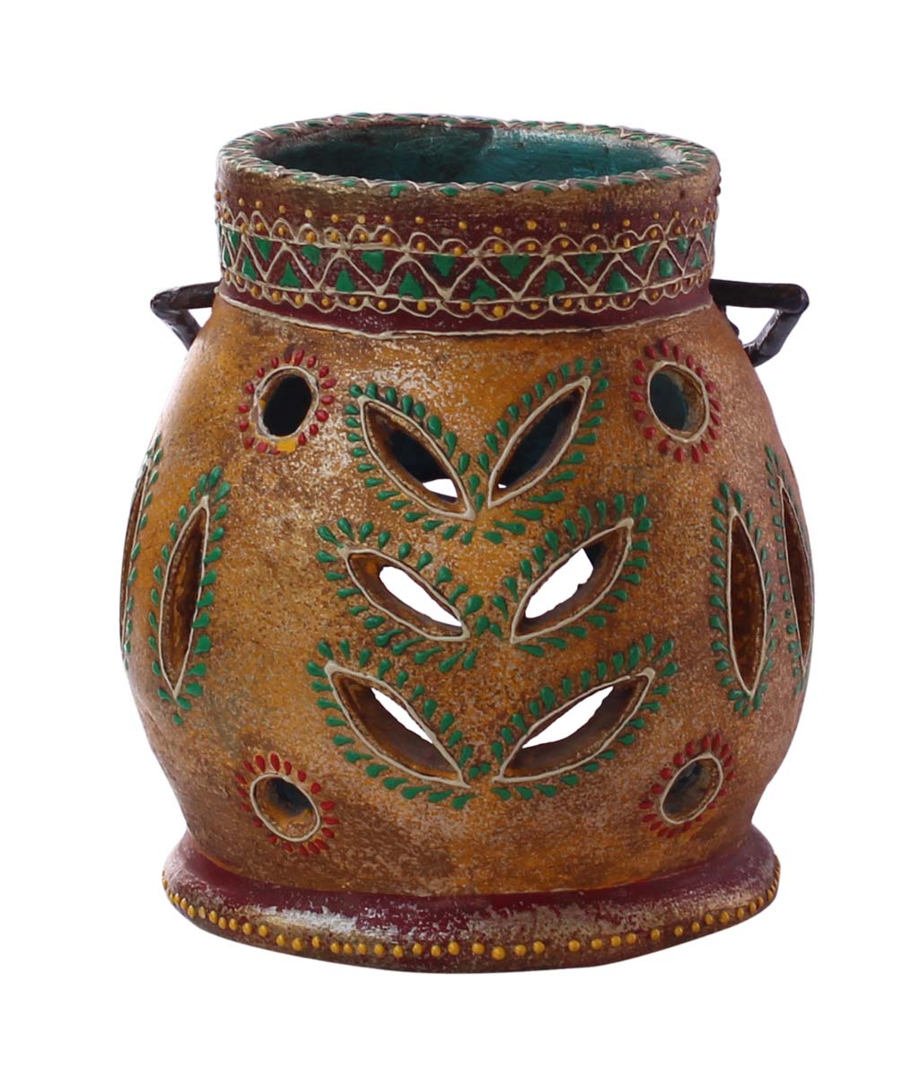 Bulk Wholesale Handmade 10” Yellow Hanging Tea-Light / Candle Holder in Terracotta with Iron Hanger – Art-Piece Decorated with Flower-Shaped Cutouts & Old-World Cone-Painting Art in Bright Colors – Antique-Look Home Décor from India