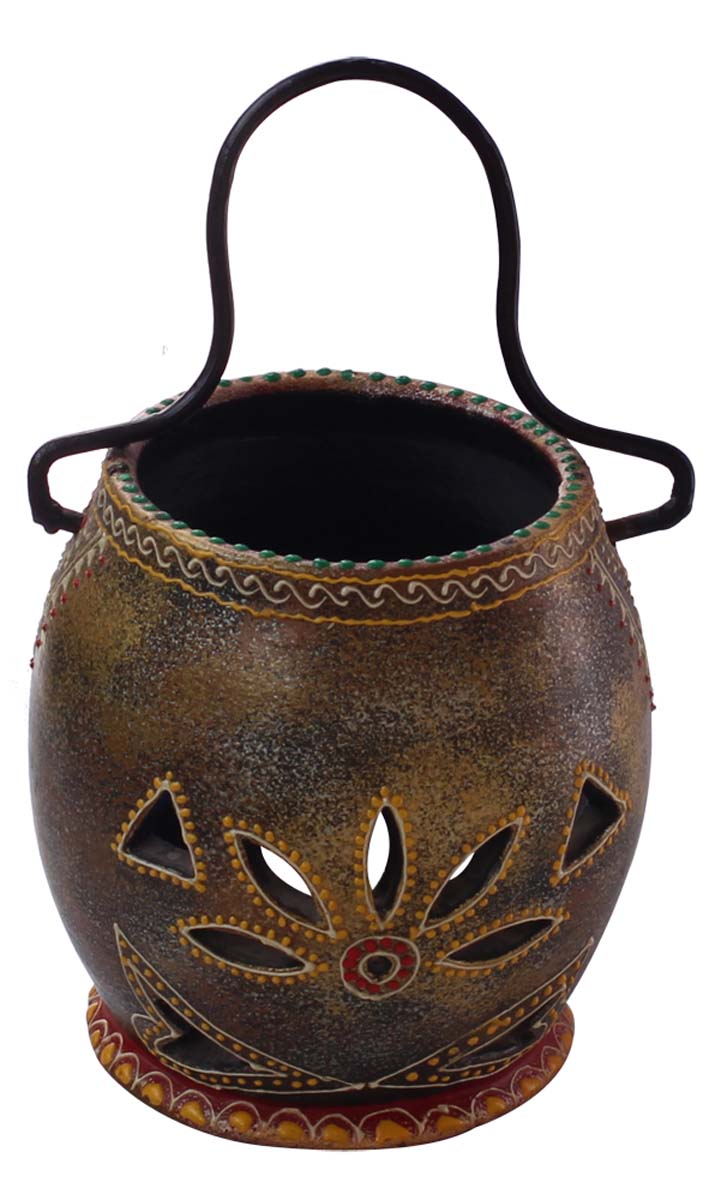 Bulk Wholesale Handmade 9” Glittery Black Hanging Tea-Light / Candle Holder in Terracotta with Iron Hanger – Art-Piece Decorated with Flower-Shaped Cutouts & Old-World Cone-Painting Art in Bright Colors – Antique-Look Home Décor from India