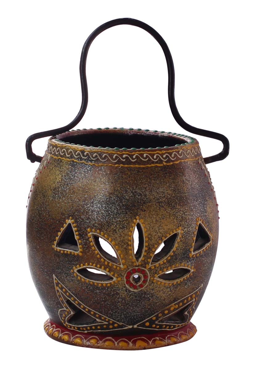 Bulk Wholesale Handmade 9” Glittery Black Hanging Tea-Light / Candle Holder in Terracotta with Iron Hanger – Art-Piece Decorated with Flower-Shaped Cutouts & Old-World Cone-Painting Art in Bright Colors – Antique-Look Home Décor from India