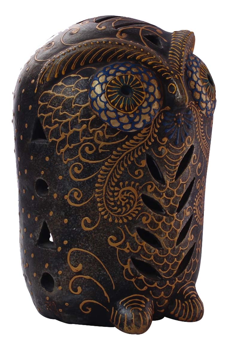 Bulk Wholesale Handmade 7.5” Black Owl-Shaped Tea-Light / Candle Holder in Terracotta – Art-Piece Decorated with Different-Shaped Cutouts & Old-World Cone-Painting Art in Golden Color – Antique-Look Home Décor from India