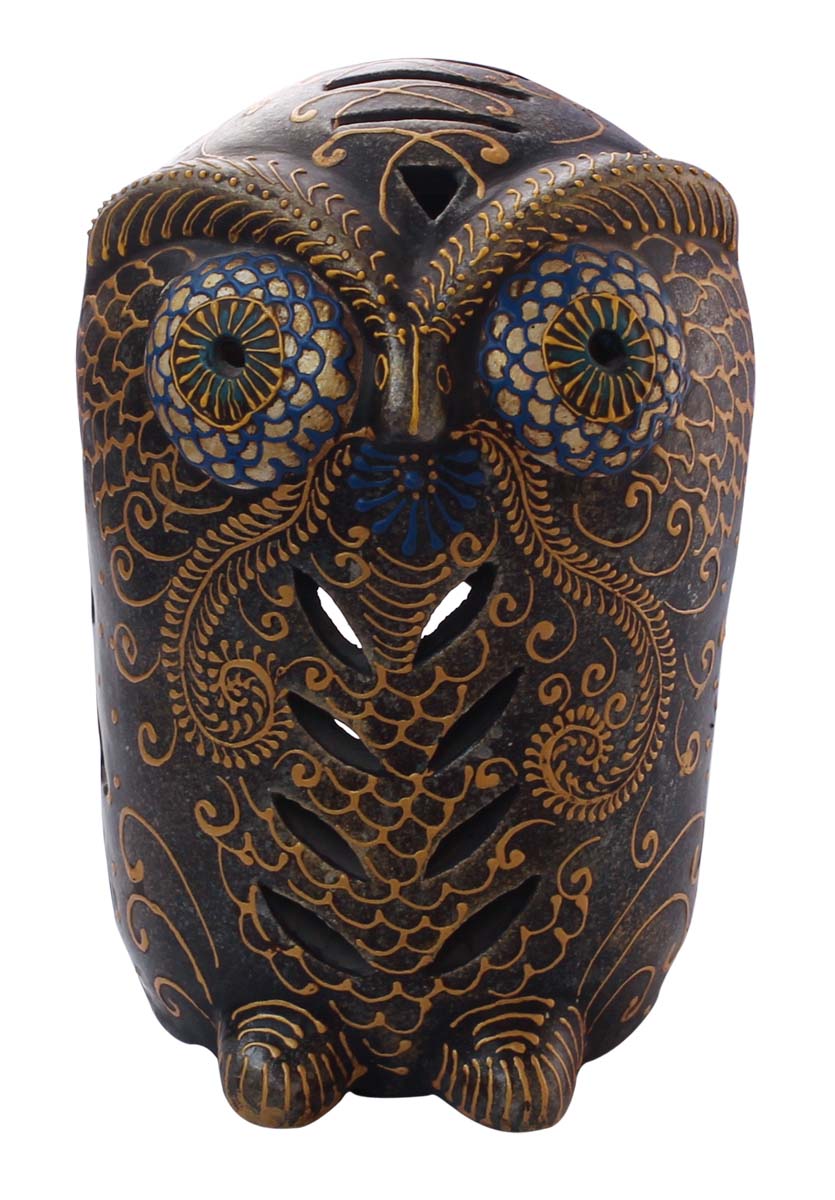 Bulk Wholesale Handmade 7.5” Black Owl-Shaped Tea-Light / Candle Holder in Terracotta – Art-Piece Decorated with Different-Shaped Cutouts & Old-World Cone-Painting Art in Golden Color – Antique-Look Home Décor from India