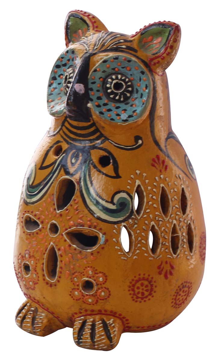Bulk Wholesale Handmade 9” Orange & Black Owl-Shaped Tea-Light / Candle Holder in Terracotta – Art-Piece Decorated with Different-Shaped Cutouts & Old-World Cone-Painting Art in Bright Colors – Antique-Look Home Décor from India
