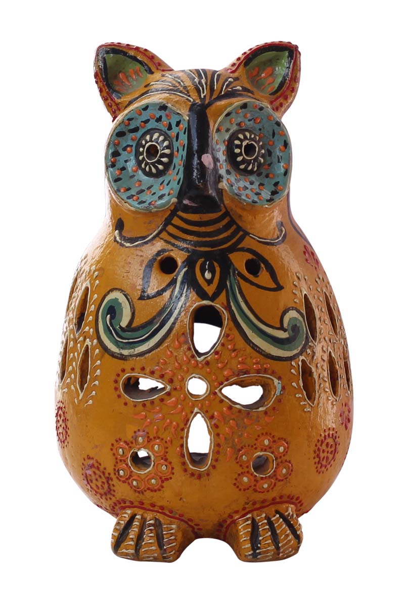Bulk Wholesale Handmade 9” Orange & Black Owl-Shaped Tea-Light / Candle Holder in Terracotta – Art-Piece Decorated with Different-Shaped Cutouts & Old-World Cone-Painting Art in Bright Colors – Antique-Look Home Décor from India