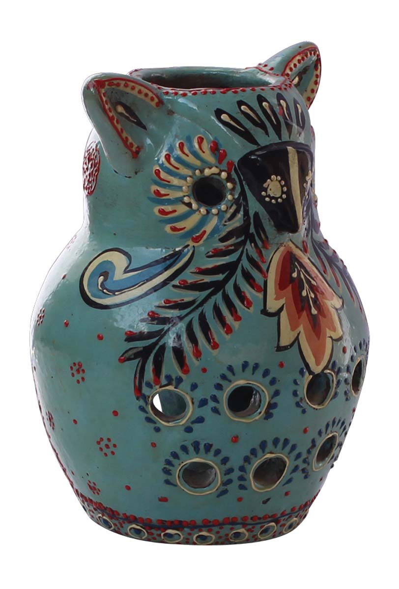 Bulk Wholesale Handmade 7” Blue & Black Owl-Shaped Tea-Light / Candle Holder in Terracotta – Art-Piece Decorated with Different-Shaped Cutouts & Old-World Cone-Painting Art in Bright Colors – Antique-Look Home Décor from India