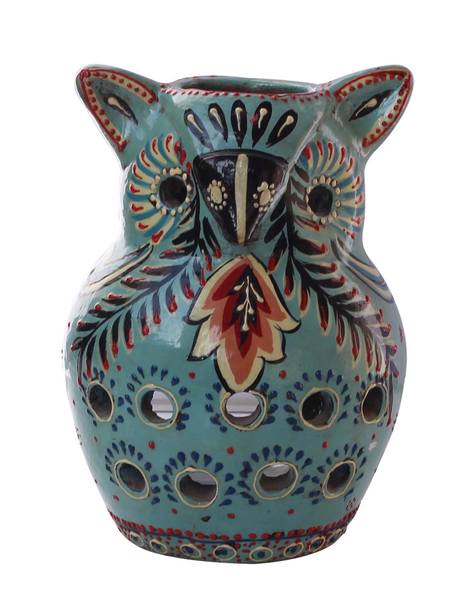Bulk Wholesale Handmade 7” Blue & Black Owl-Shaped Tea-Light / Candle Holder in Terracotta – Art-Piece Decorated with Different-Shaped Cutouts & Old-World Cone-Painting Art in Bright Colors – Antique-Look Home Décor from India