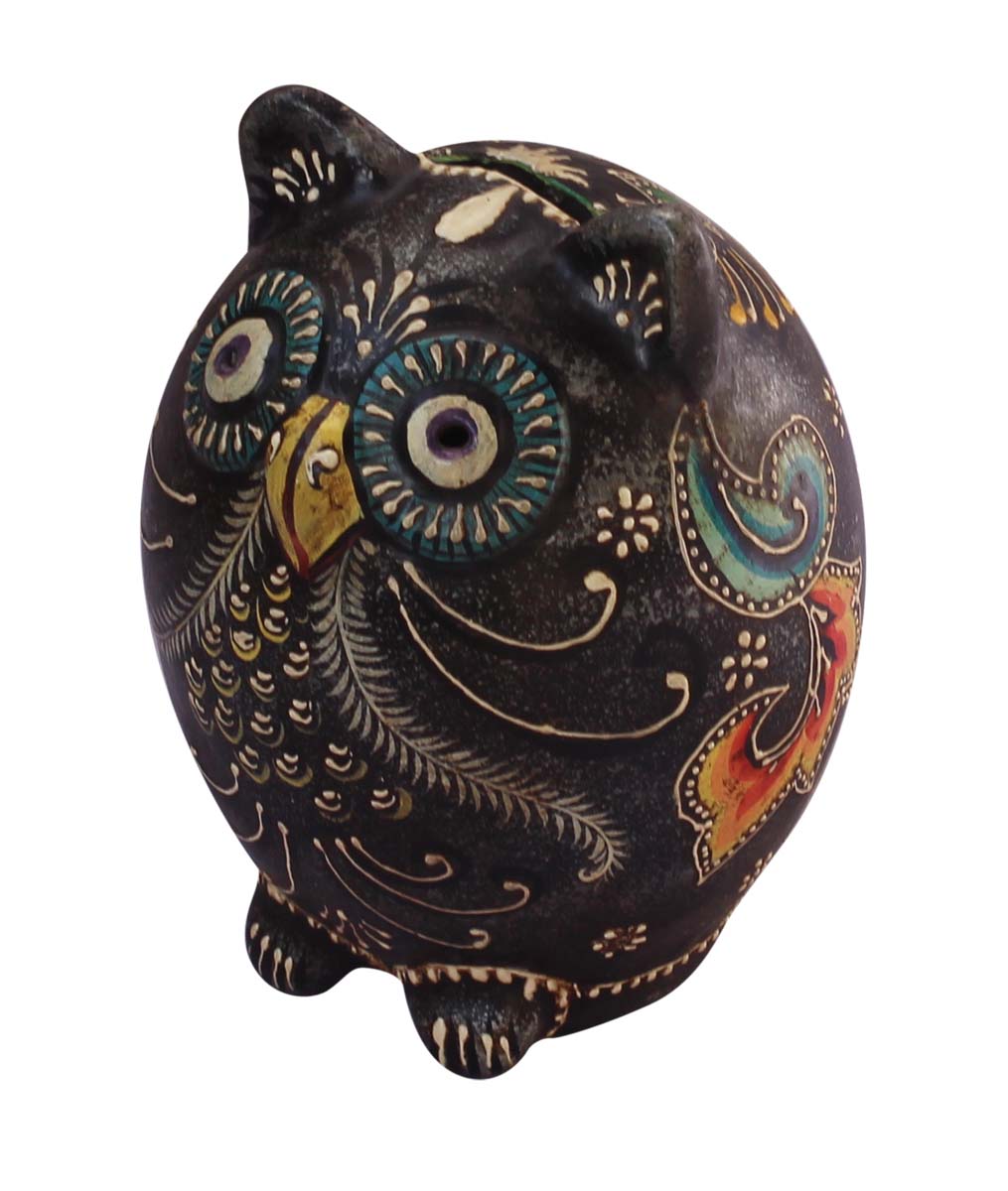 Wholesale Wooden Owl-Shaped 7” Cute Piggy/Money Bank - Handmade Owl-Shaped Coin Bank in Terracotta Decorated with Cone-Painting Art in Bright Colors - Ethnic-Look Kids Nursery/Home Decor Gifts from India