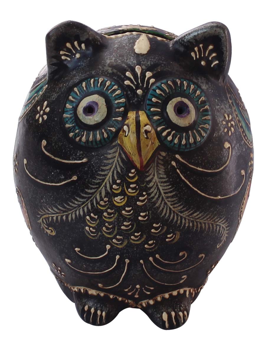 Wholesale Wooden Owl-Shaped 7” Cute Piggy/Money Bank - Handmade Owl-Shaped Coin Bank in Terracotta Decorated with Cone-Painting Art in Bright Colors - Ethnic-Look Kids Nursery/Home Decor Gifts from India