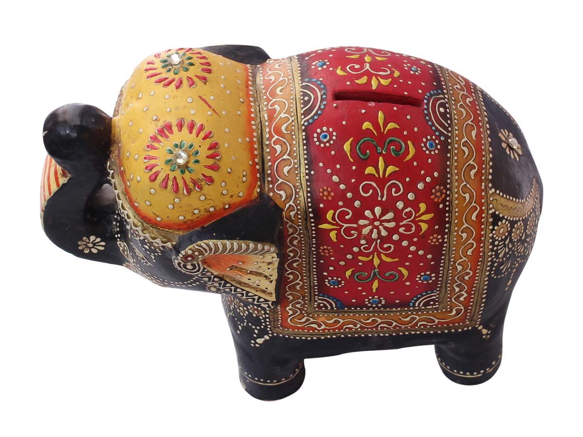 Wholesale Elephant-Shaped 7.5” Cute Piggy/Money Bank - Handmade Elephant-Shaped Coin Bank in Terracotta Decorated with Cone-Painting Art in Bright Colors - Kids Nursery/Home Decor Gifts from India