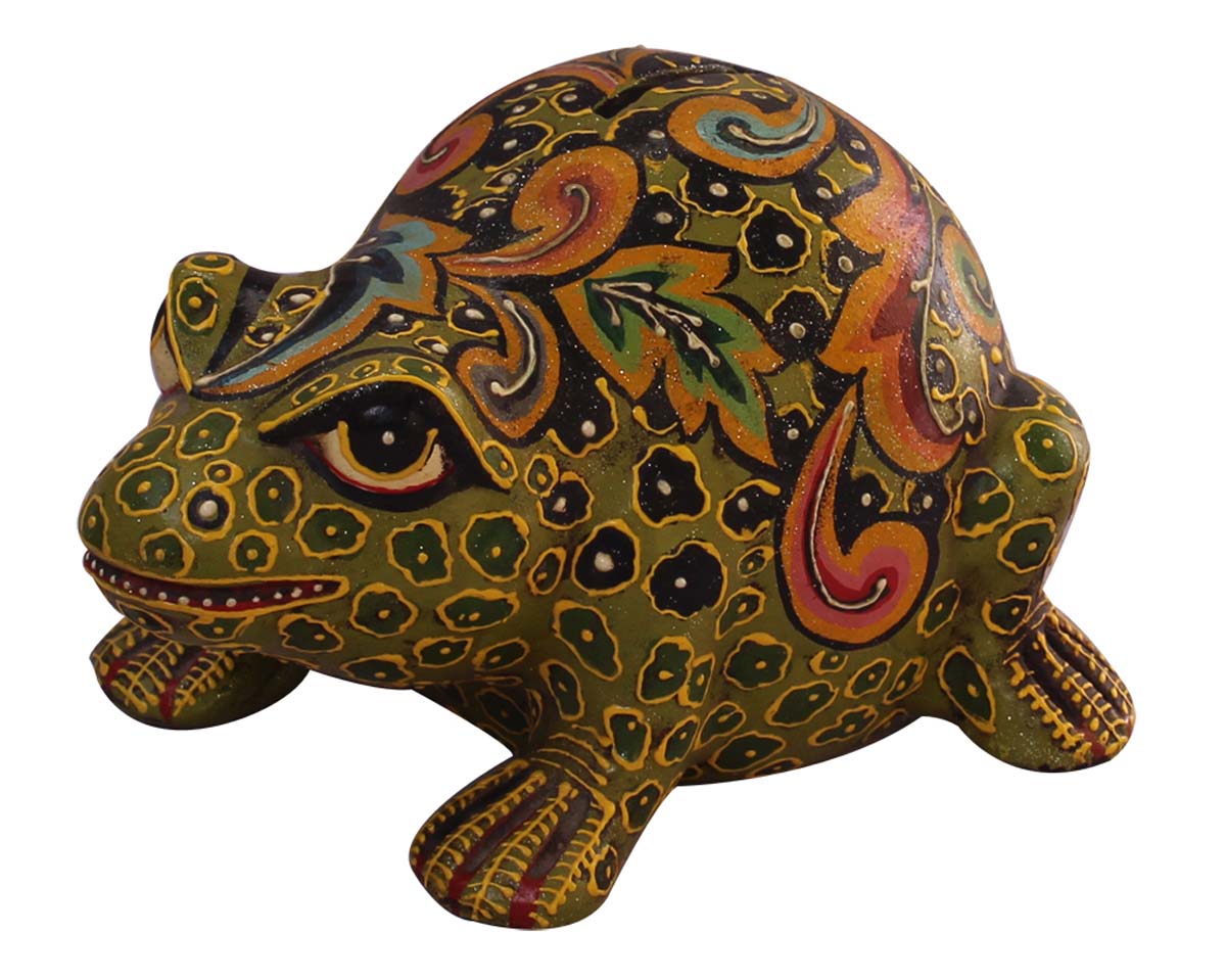 Wholesale Frog Shaped 7” Cute Piggy/Money Bank - Handmade Frog Shaped Green & Black Coin Bank in Terracotta Decorated with Cone-Painting Art in Bright Colors - Kids Nursery/Home Decor Gifts from India