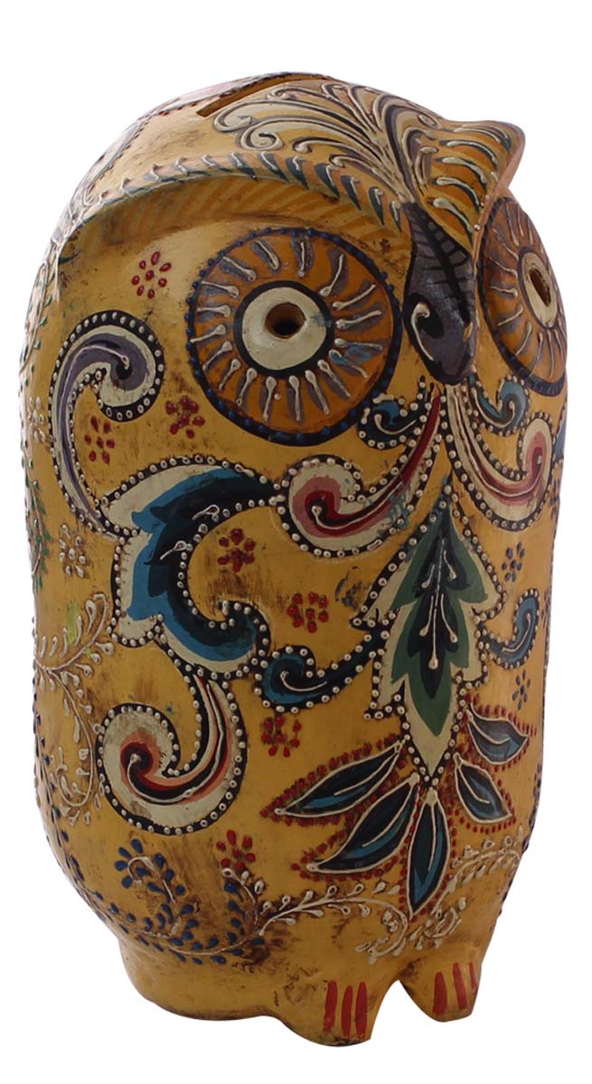 Wholesale Owl Shaped 9” Cute Piggy/Money Bank - Handmade Owl Shaped Yellow & Black Coin Bank in Terracotta Decorated with Cone-Painting Art in Bright Colors - Kids Nursery/Home Decor Gifts from India