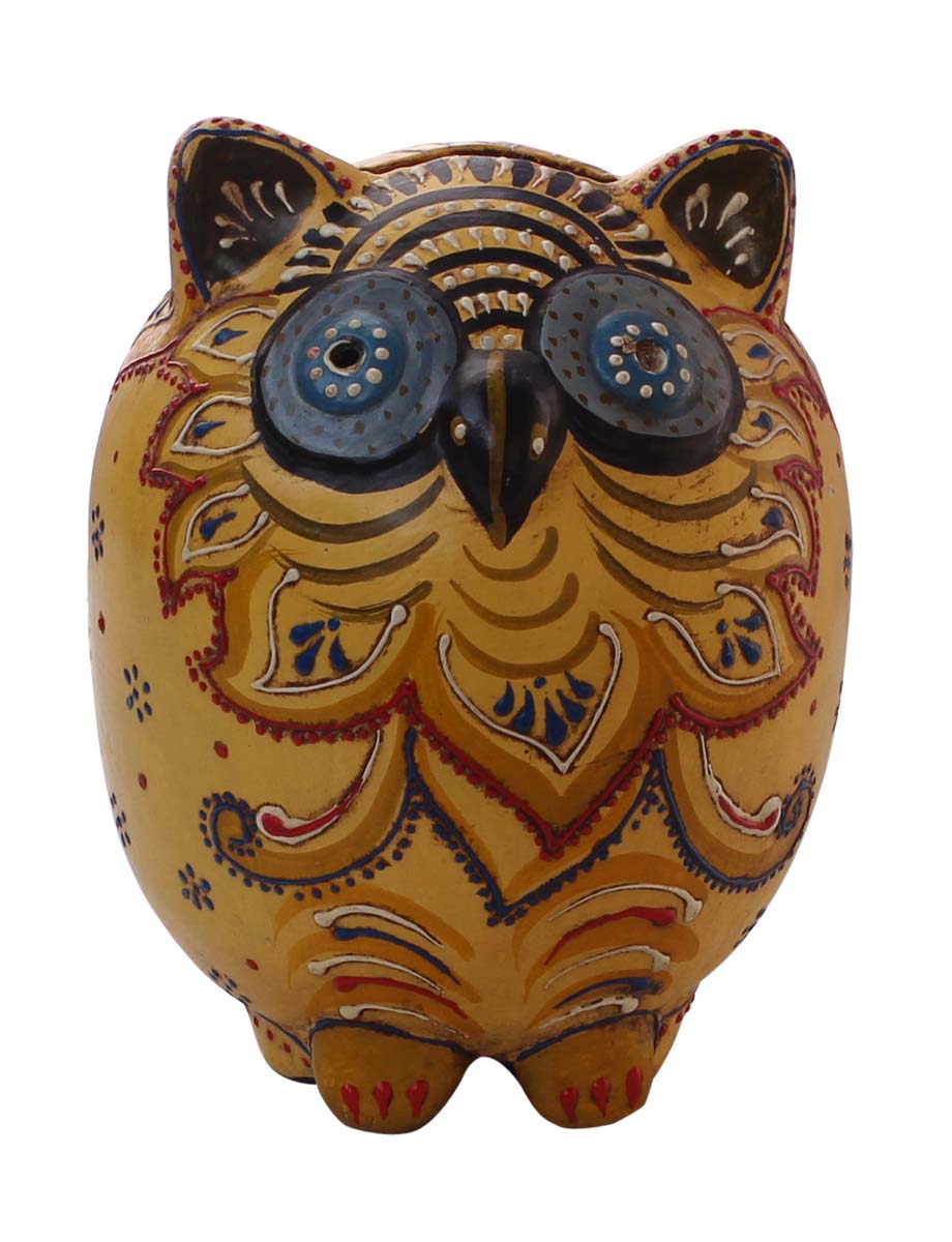 Wholesale Owl Shaped 7” Cute Piggy/Money Bank - Handmade Owl Shaped Yellow Coin Bank in Terracotta Decorated with Cone-Painting Art in Bright Colors - Kids Nursery/Home Decor Gifts from India