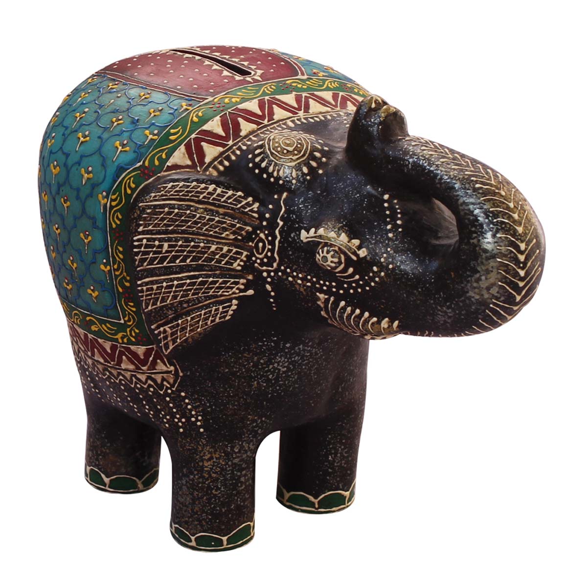 Wholesale Trunk-Up Elephant-Shaped 9” Cute Piggy/Money Bank - Handmade Elephant-Shaped Black, Red & Blue Coin Bank in Terracotta Decorated with Cone-Painting Art in Bright Colors - Kids Nursery/Home Decor Gifts from India