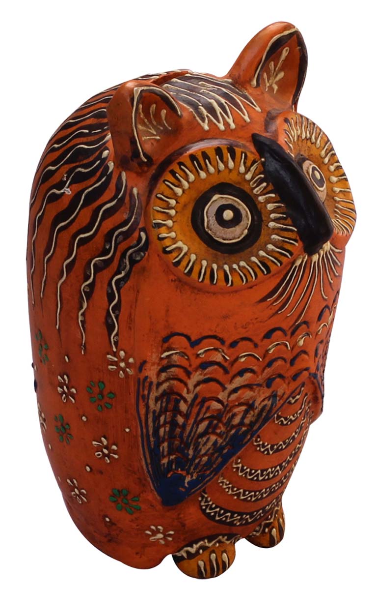 Wholesale Owl Shaped 7.5” Cute Piggy/Money Bank - Handmade Owl Shaped Orange & Black Coin Bank in Terracotta Decorated with Cone-Painting Art in Bright Colors - Kids Nursery/Home Decor Gifts from India