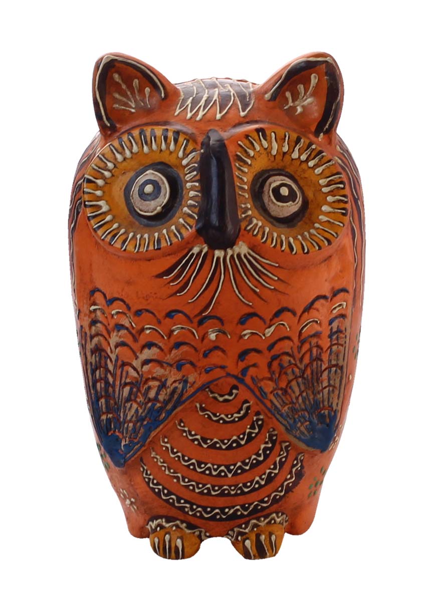 Wholesale Owl Shaped 7.5” Cute Piggy/Money Bank - Handmade Owl Shaped Orange & Black Coin Bank in Terracotta Decorated with Cone-Painting Art in Bright Colors - Kids Nursery/Home Decor Gifts from India