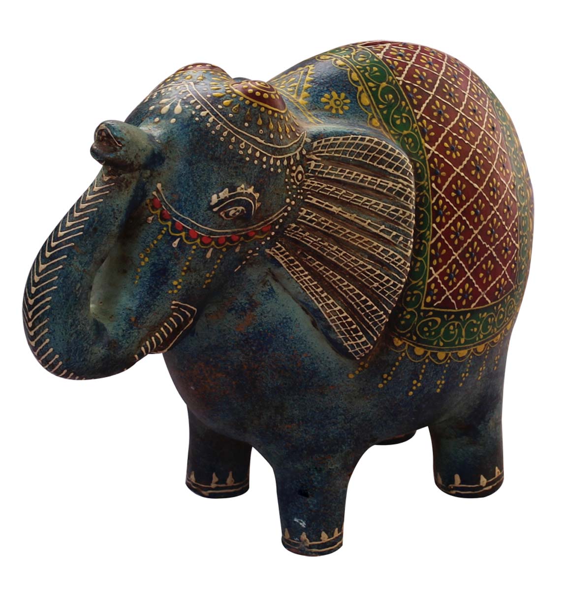 Wholesale Trunk-Up Elephant-Shaped 10” Cute Piggy/Money Bank - Handmade Elephant-Shaped red, blue, green Coin Bank in Terracotta Decorated with Cone-Painting Art in Bright Colors - Kids Nursery/Home Decor Gifts from India