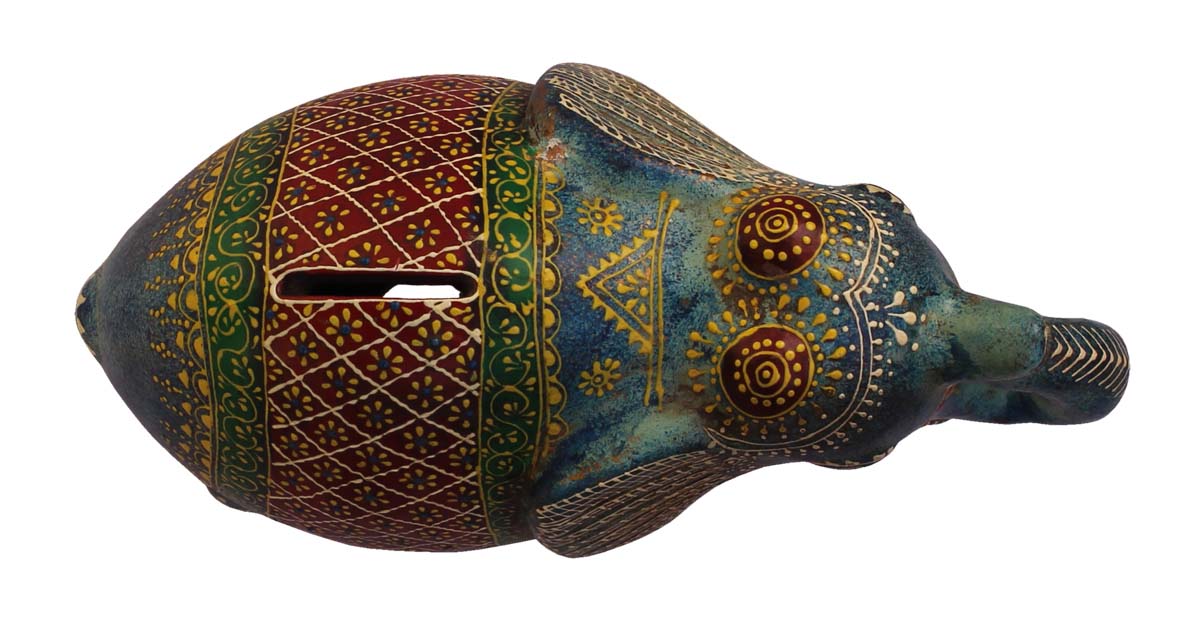 Wholesale Trunk-Up Elephant-Shaped 10” Cute Piggy/Money Bank - Handmade Elephant-Shaped red, blue, green Coin Bank in Terracotta Decorated with Cone-Painting Art in Bright Colors - Kids Nursery/Home Decor Gifts from India