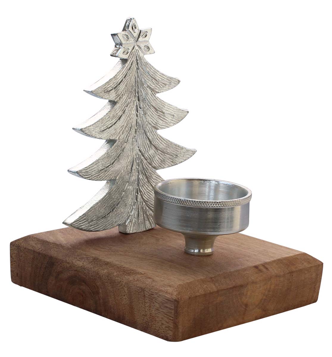 Bulk Wholesale Handmade 8.5” Silver Colored Christmas Tree Candle / Tea-Light Holder in Aluminum Placed on a Wooden Plinth – Artistic Home Décor from India