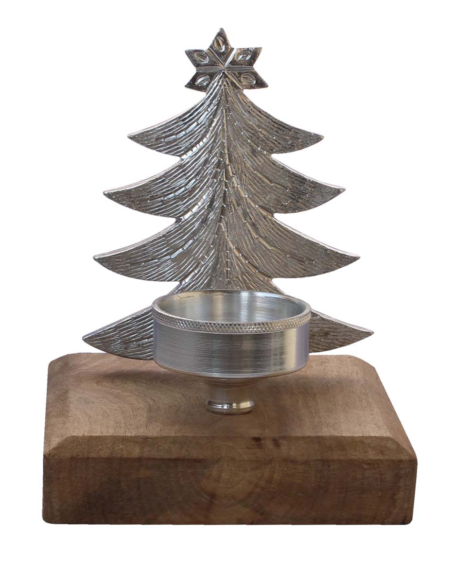 Bulk Wholesale Handmade 8.5” Silver Colored Christmas Tree Candle / Tea-Light Holder in Aluminum Placed on a Wooden Plinth – Artistic Home Décor from India