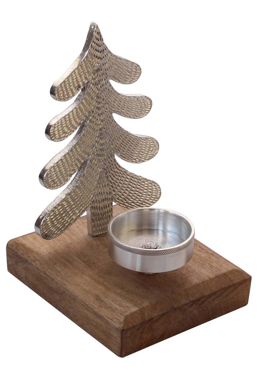 Bulk Wholesale Handmade 9.5” Silver Colored Christmas Tree Candle / Tea-Light Holder in Aluminum Placed on a Wooden Plinth – Artistic Home Décor from India