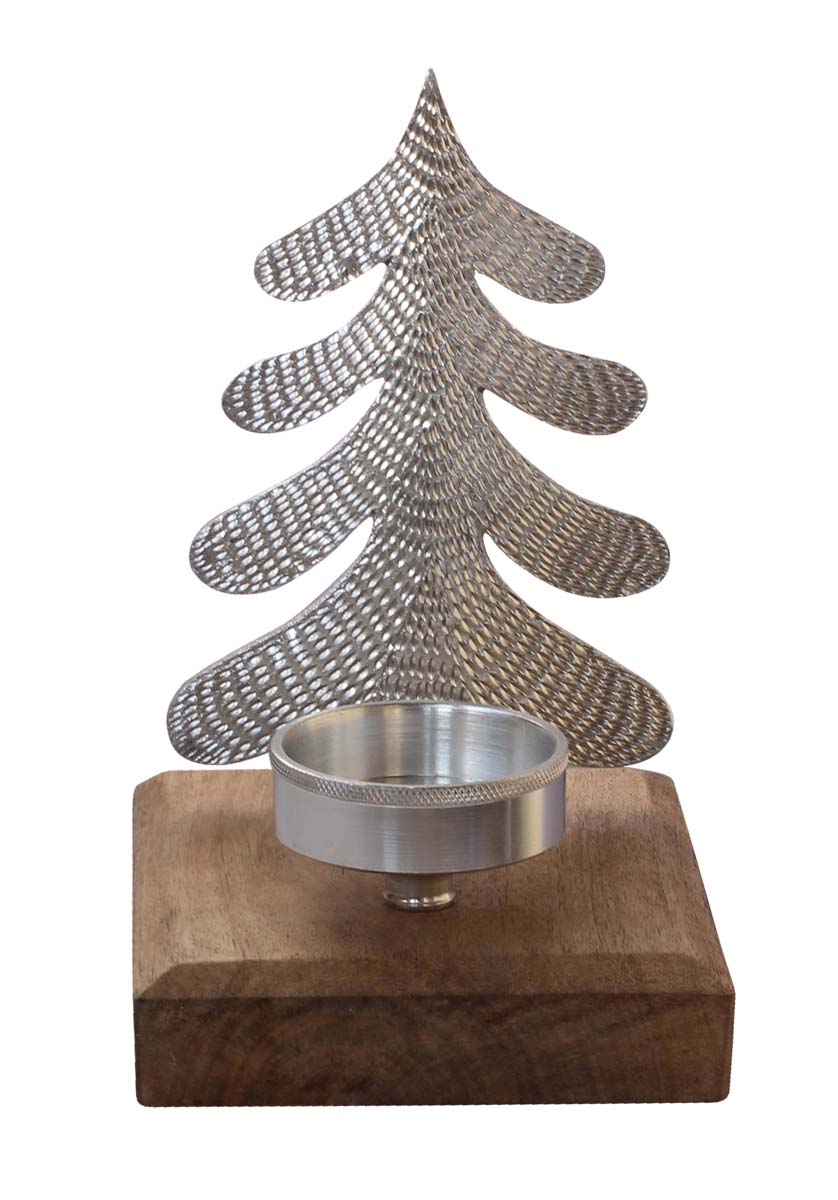 Bulk Wholesale Handmade 9.5” Silver Colored Christmas Tree Candle / Tea-Light Holder in Aluminum Placed on a Wooden Plinth – Artistic Home Décor from India
