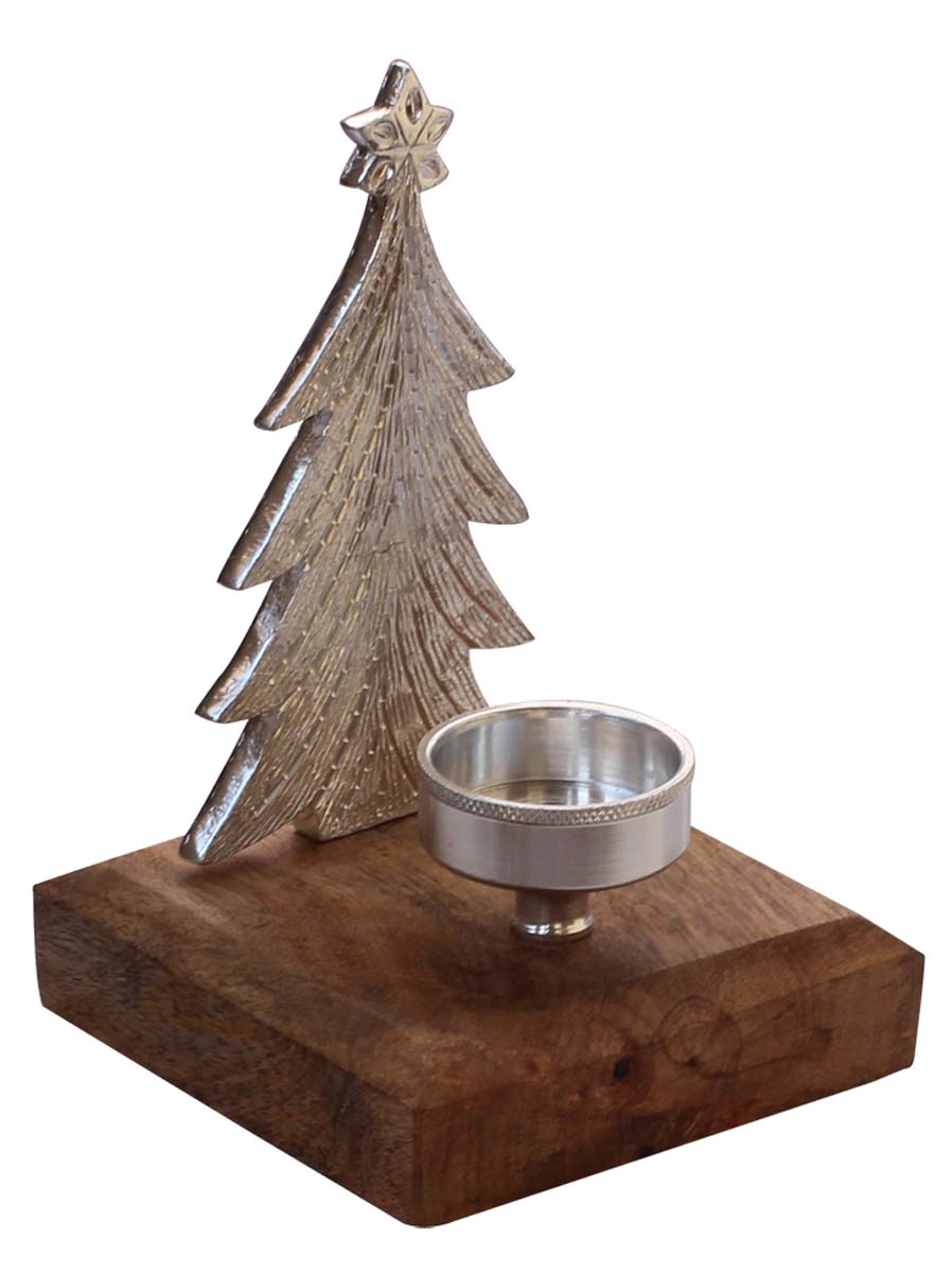 Bulk Wholesale Handmade 8” Silver Colored Christmas Tree Candle / Tea-Light Holder in Aluminum Placed on a Wooden Plinth – Artistic Home Décor from India