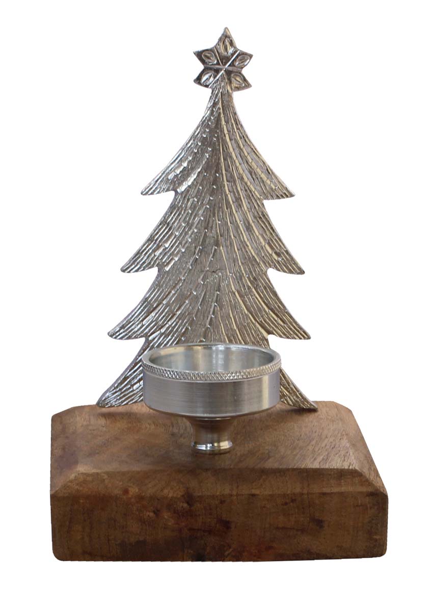 Bulk Wholesale Handmade 8” Silver Colored Christmas Tree Candle / Tea-Light Holder in Aluminum Placed on a Wooden Plinth – Artistic Home Décor from India
