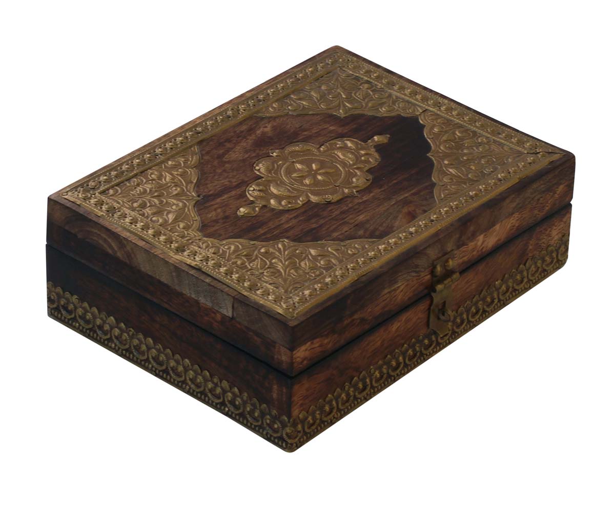 Wooden Jewelry Box in Bulk - Wholesale Handmade Wood Decorative Keepsake Box/Trinket Box - Handmade Natural-Wood Color Antique Look Golden-Tone Embossed Brass Sheet on Lid