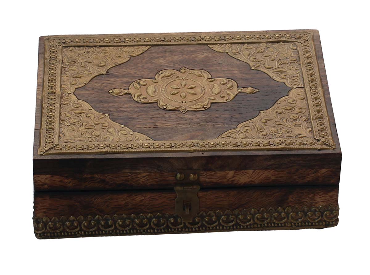 Wooden Jewelry Box in Bulk - Wholesale Handmade Wood Decorative Keepsake Box/Trinket Box - Handmade Natural-Wood Color Antique Look Golden-Tone Embossed Brass Sheet on Lid