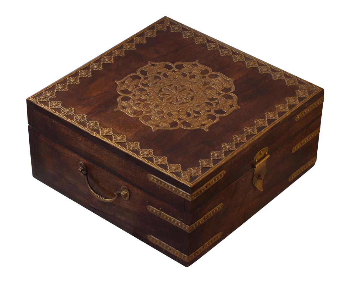 Wholesale Set of 2 Wooden Jewelry Box in Bulk - Source Handmade Wood Decorative Keepsake Box/Trinket Box - Handmade Natural-Wood Color Antique Look Golden-Tone Embossed Brass Sheet on Lid