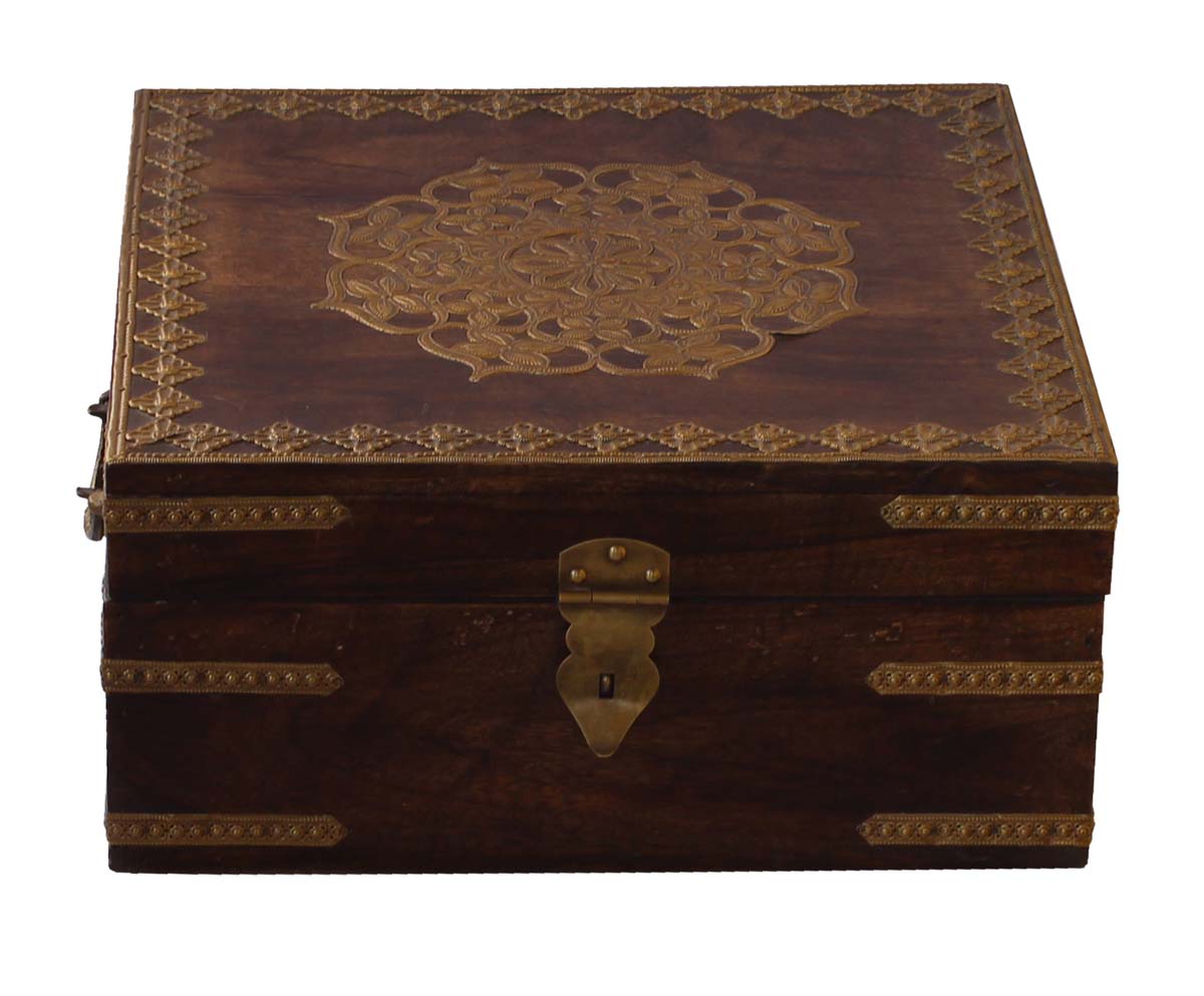 Wholesale Set of 2 Wooden Jewelry Box in Bulk - Source Handmade Wood Decorative Keepsake Box/Trinket Box - Handmade Natural-Wood Color Antique Look Golden-Tone Embossed Brass Sheet on Lid