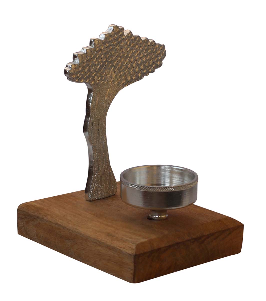 Wholesale Handmade 9” Silver Colored Tree-Shaped Candle / Tea-Light Holder in Aluminum Placed on a Wooden Plinth – Artistic Home Décor from India
