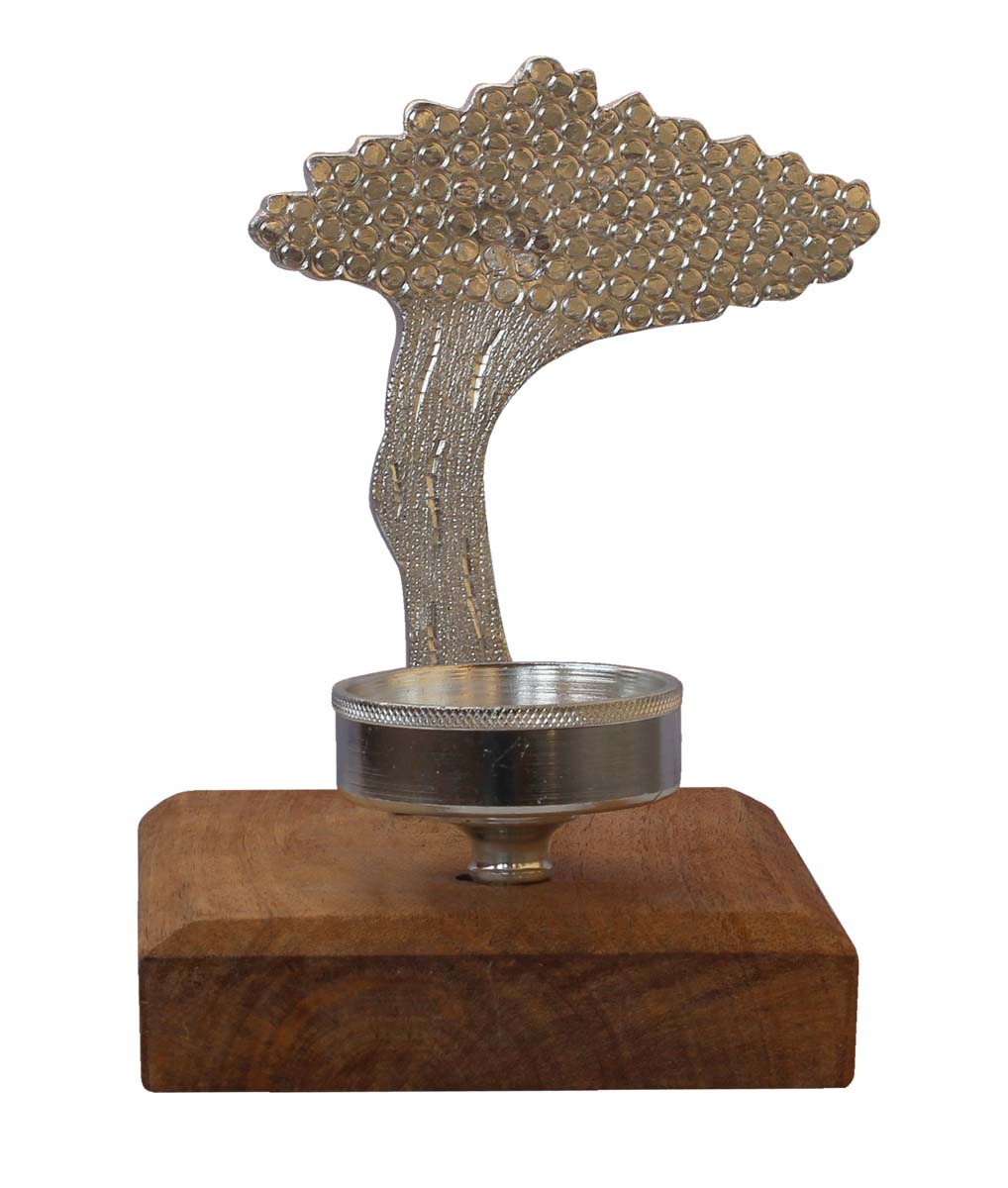 Wholesale Handmade 9” Silver Colored Tree-Shaped Candle / Tea-Light Holder in Aluminum Placed on a Wooden Plinth – Artistic Home Décor from India
