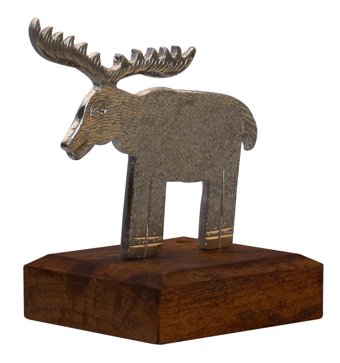 Bulk Wholesale Handmade 7” Silver Colored Deer-Shaped Candle / Tea-Light Holder in Aluminum Placed on a Wooden Plinth – Artistic Home Décor from India